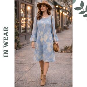 InWear Blue Tie-Dye Pleated Midi Dress | Size US 8